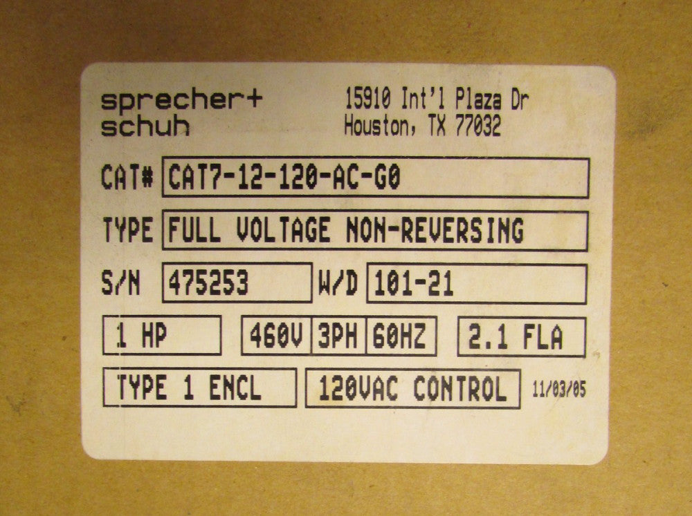 SPRECHER SCHUH CAT7 12 120 AC G0 120V 2.1 Amp Starter Nema 1 Enclosure