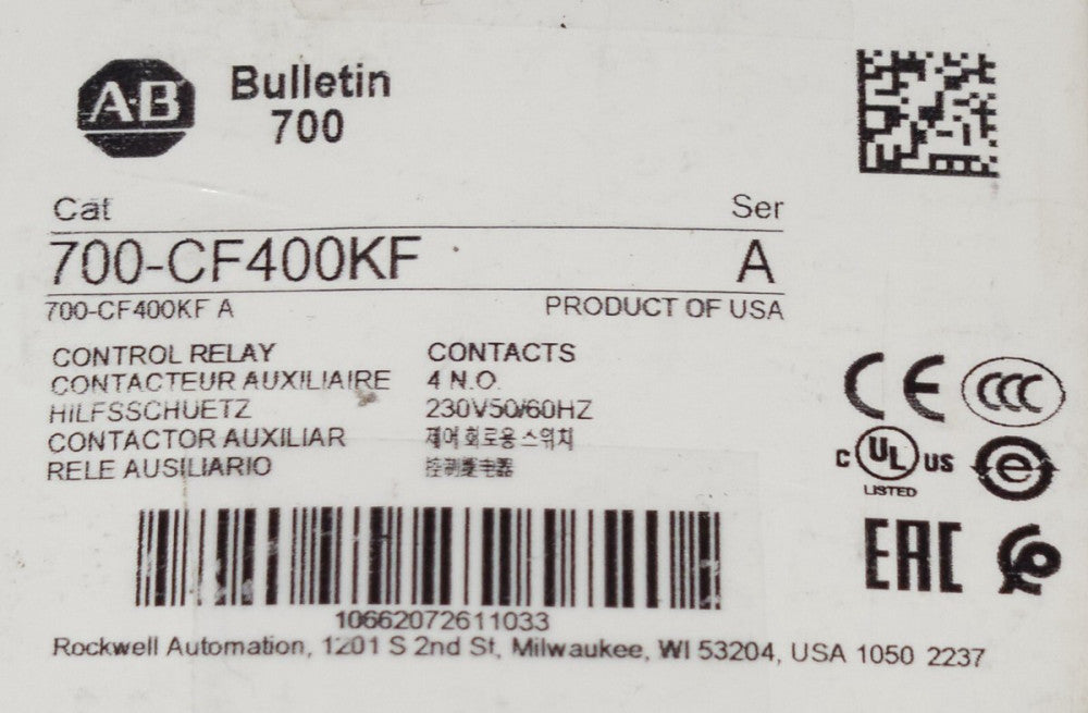 ALLEN BRADLEY 700 CF400KF 230 VAC 4 NO Control Relay