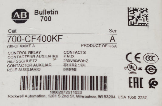ALLEN BRADLEY 700 CF400KF 230 VAC 4 NO Control Relay