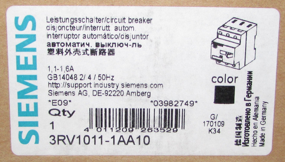 SIEMENS 3RV1011 1AA10 Manual Motor Protector Circuit Breaker 1.1-1.6 Amp 