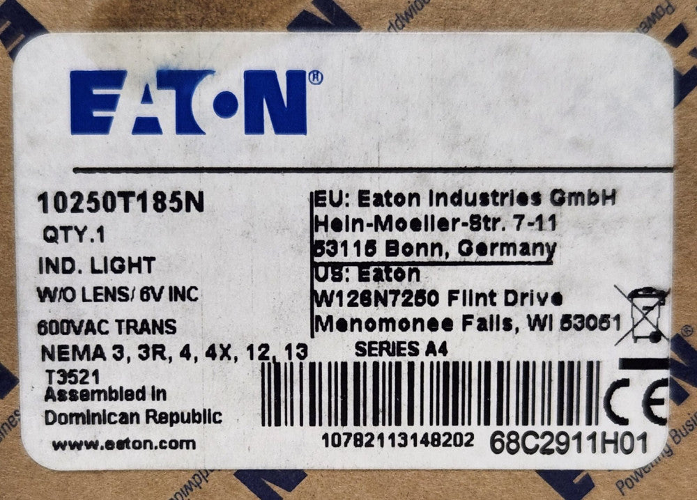 EATON CUTLER HAMMER 10250T185N 6.3 Volt 600 VAC Control Indicating Light