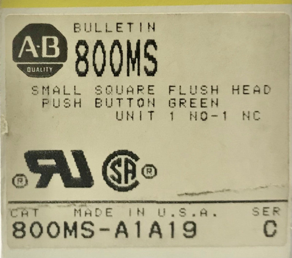 ALLEN BRADLEY 800MS A1A19 Square Flush Green START Pushbutton 1 NO 1 NC