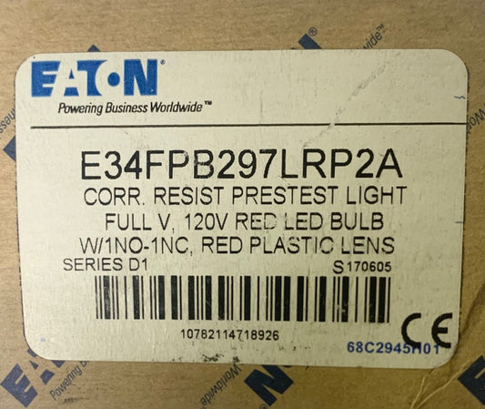 EATON E34FPB297LRP2A 120 VAC RED LED BULB RED LENS Pretest Light 1 NO 1 NC