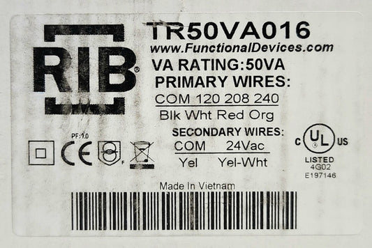 RIB TR50VA016 50 VA Control Transformer Primary 120 208 240 Secondary 24 VAC