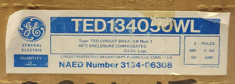 GENERAL ELECTRIC TED134050WL 3 Pole 50 AMP Type TED Circuit Breaker