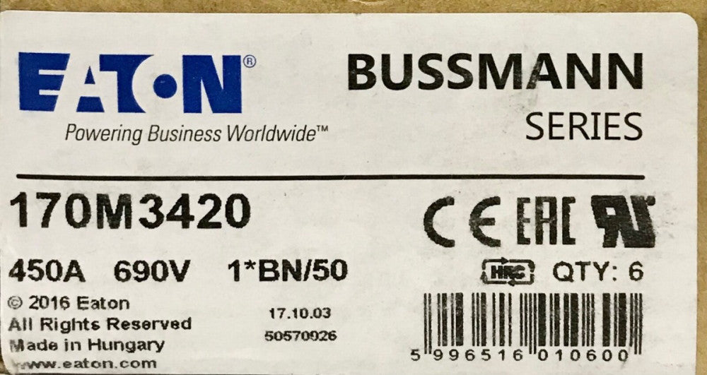 EATON BUSSMANN 170M3420 450 AMP 690 VAC Fuse IR700-200KA 171003 B3302 450A
