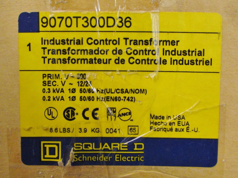 SQUARE D 9070T300 D36 600V Pri 12/24V Sec Control Transformer 9070T300D36 
