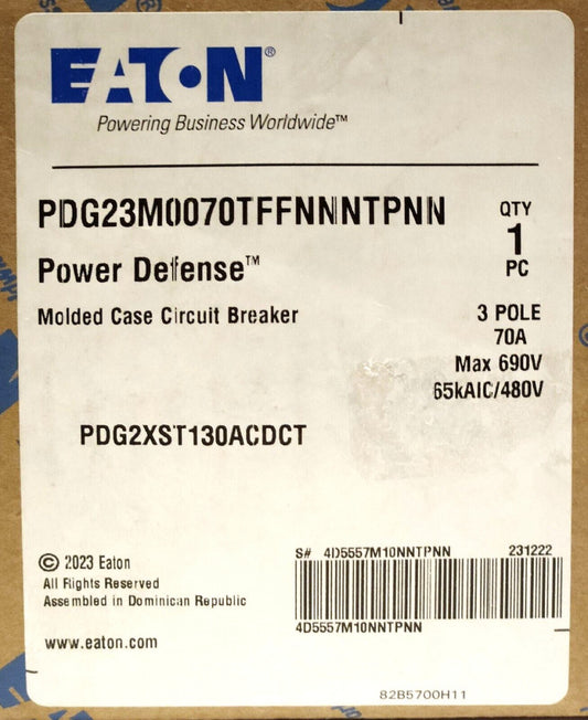 EATON PDG23M0070TFF NNNTPNN 3 Pole 70 AMP PDG2 Power Defense Circuit Breaker