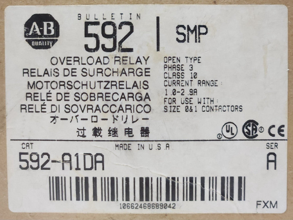 ALLEN BRADLEY 592 A1DA 1-2.9 AMP SMP Electronic Overload Relay Size 0 and Size 1
