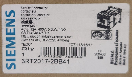 SIEMENS 3RT2017 2BB41 SIRIUS SCHUTZ  400 VAC 5.5KW 12 AMP Contactor 1 NO