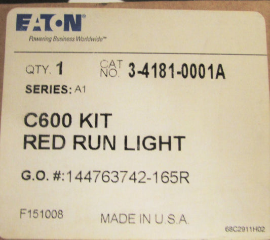 EATON CUTLER HAMMER 3 4181 0001A C600 KIT Red Run Light M22 Style Cover Control 