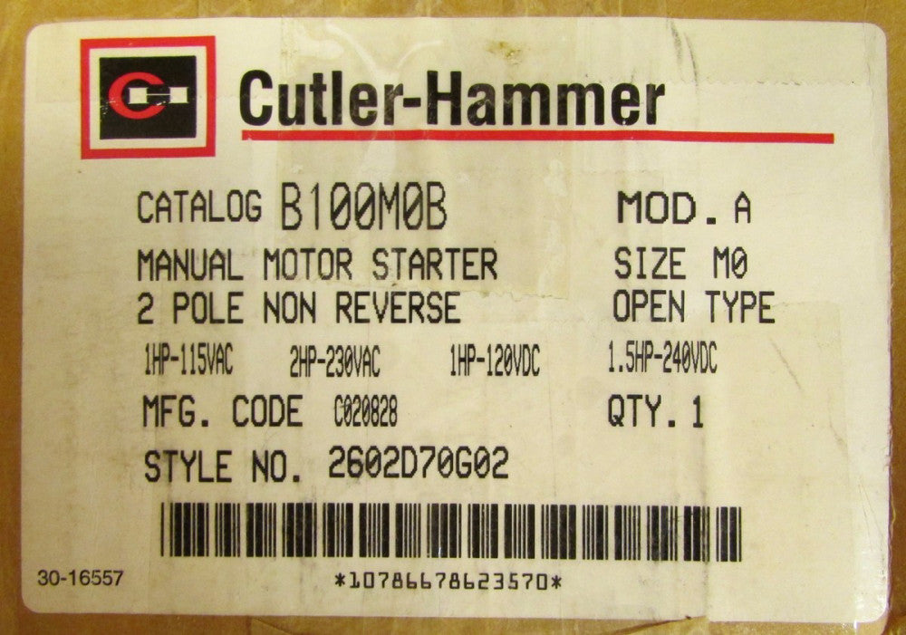 CUTLER HAMMER B100M0B Size MO Model A Manual Motor Starter 2 Pole 2602D70G02
