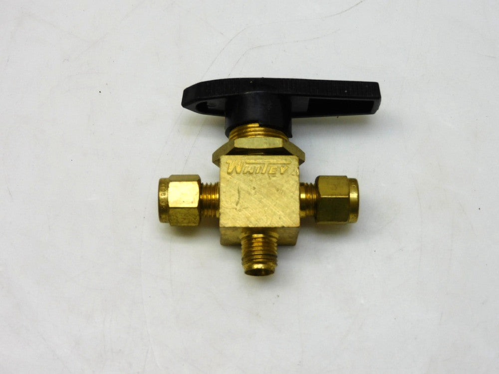 SWAGELOK WHITNEY B-43XS4 BRASS 3-WAY BALL VALVE 1/4" TUBE MISSING 1 FITTING