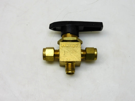 SWAGELOK WHITNEY B-43XS4 BRASS 3-WAY BALL VALVE 1/4" TUBE MISSING 1 FITTING