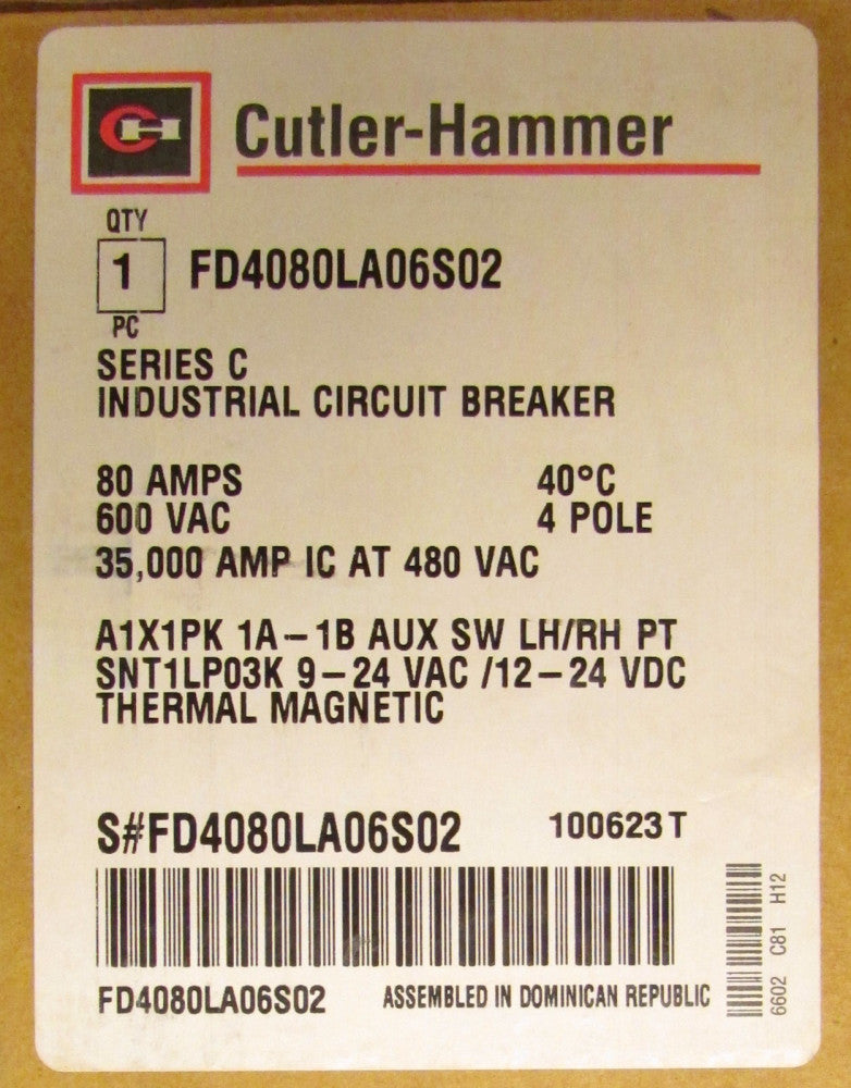 CUTLER HAMMER FD4080LA06S02 FD Circuit Breaker 9-24V Shunt 1A 1B Auxiliary 