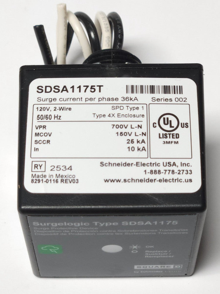 SQUARE D SDSA1175 SURGELOGIC SPD Surge Protective Device 6" WIRES 36 KA 120 VAC