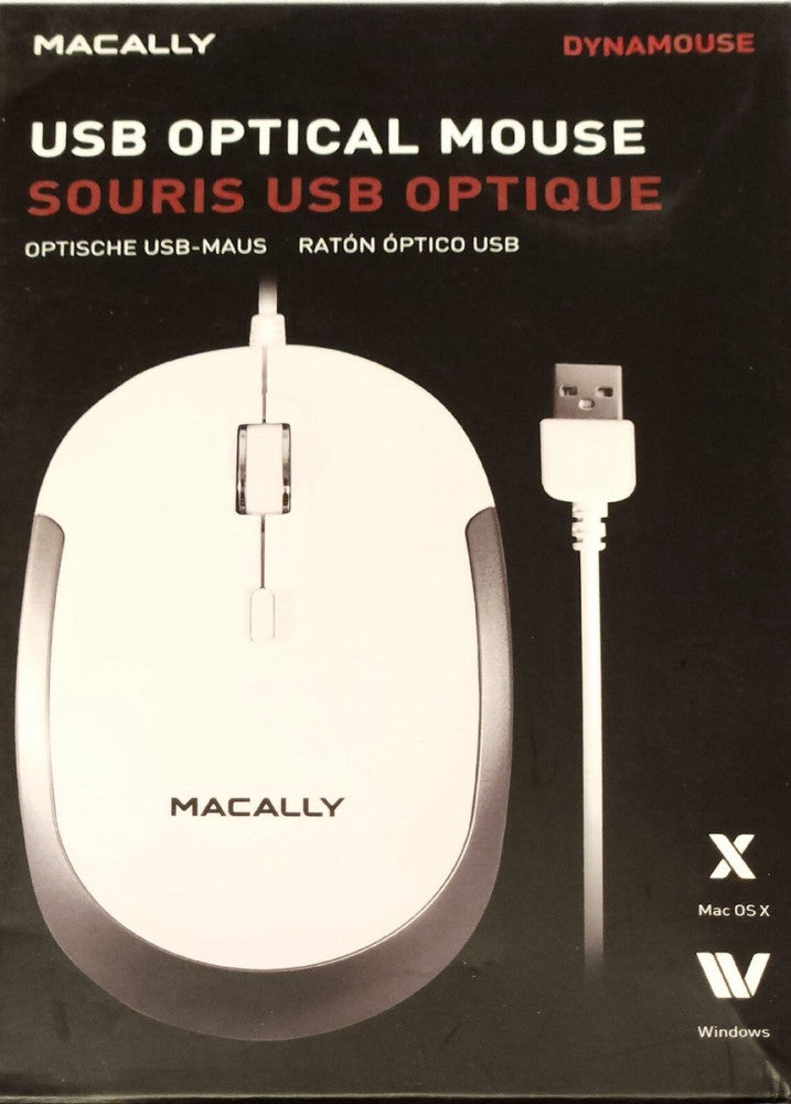 MACALLY DYNAMOUSE WIRED USB OPTICAL MOUSE 5' USB CABLE 150cm WHITE MAC 0SX