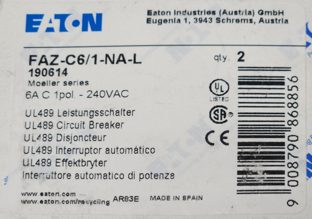 BOX OF 2 EATON MOELLER FAZ-C6/1-NA-L Single Pole 6 AMP 240 VAC Circuit Breaker