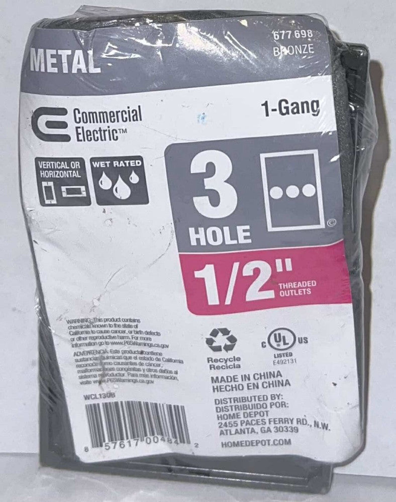 COMMERCIAL ELECTRIC 677 698 1 GANG BRONZE 3 Hole Weatherproof Cover WCL130B 1/2"