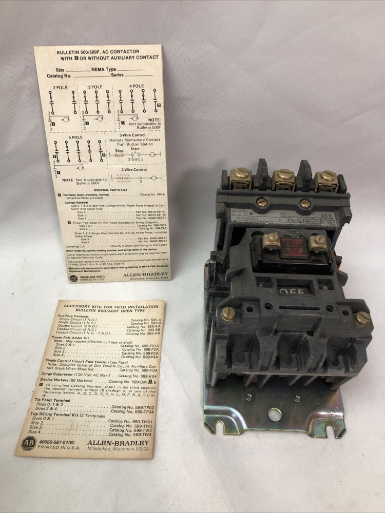 ALLEN BRADLY 500-AOD93 Size 0 SER.B 3 POLE AC CONTACTOR NEMA OPEN
