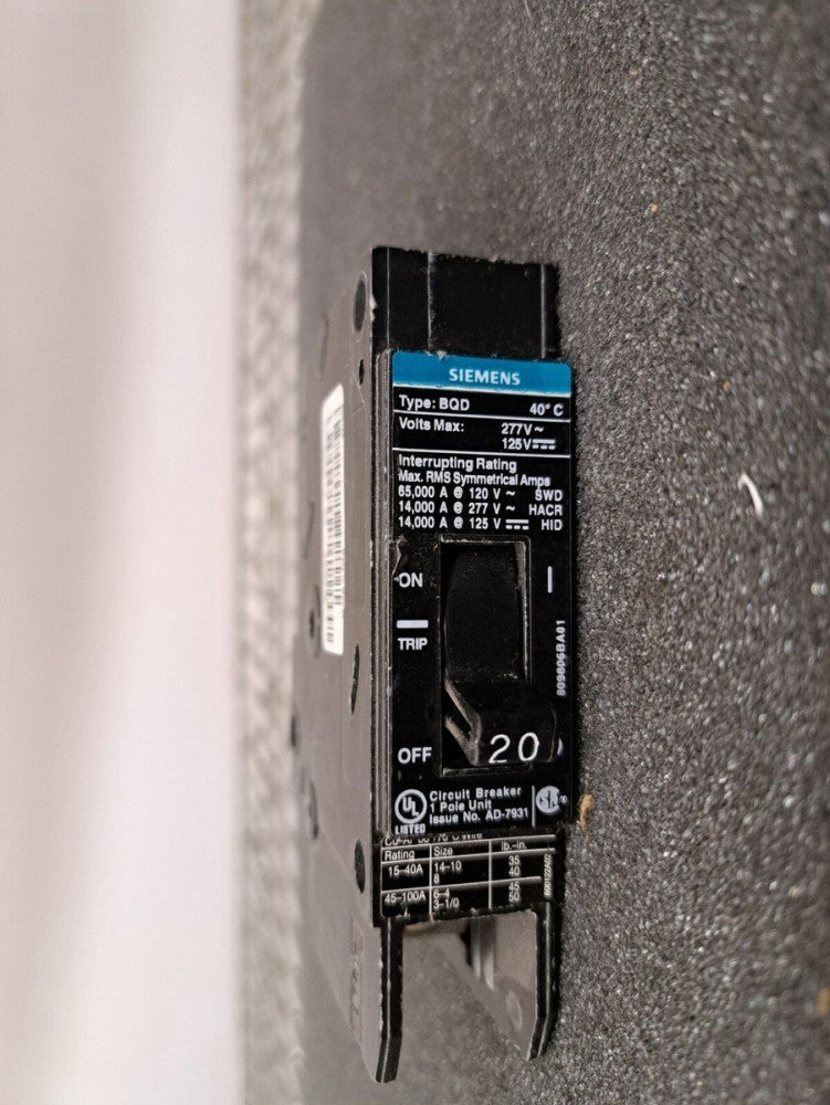 Used, Siemens, BQD120, Circuit Breaker BQD 1P 20A 277VAC 14KA