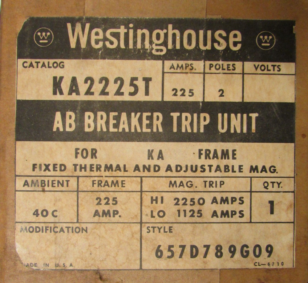 WESTINGHOUSE KA2225T HKA225T 2 Pole 225 Amp Type KA HKA Trip Unit 657D789G09