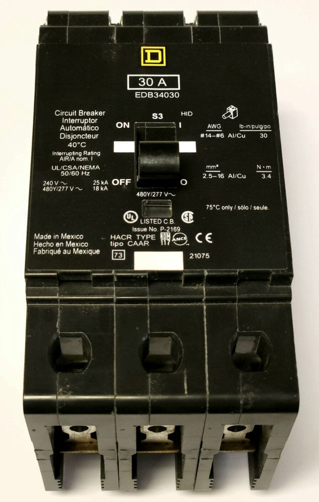 SQUARE D EDB34030 3 Pole 30 AMP Type EDB Circuit Breaker 277 480 VAC