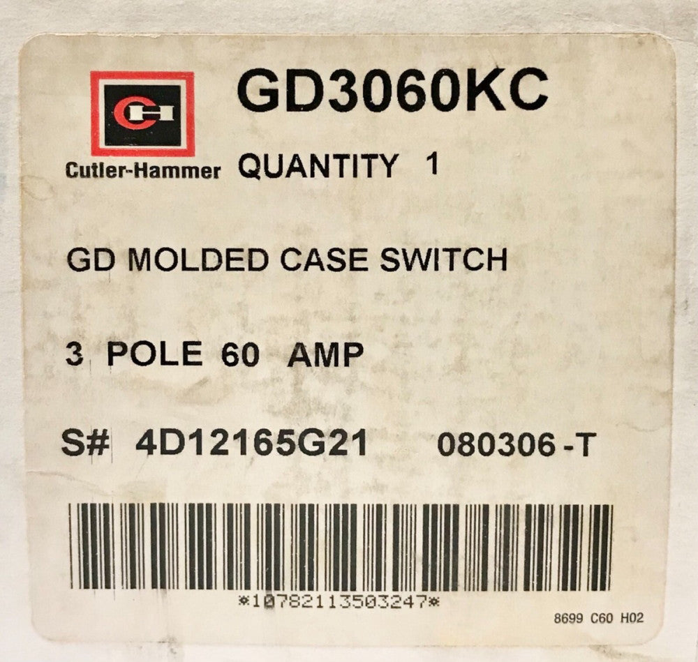 EATON CUTLER HAMMER GD3060KC 3 Pole 60 AMP GD3060K GD-K GD-KC Molded Case Switch