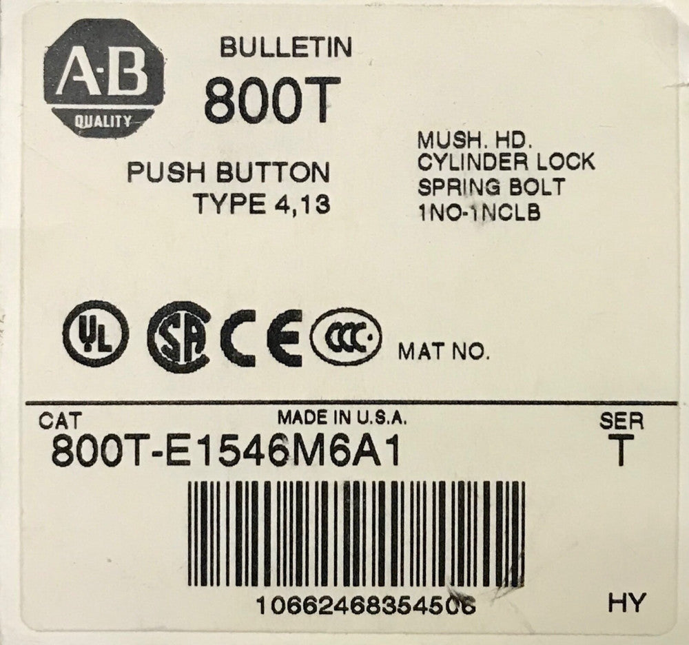 ALLEN BRADLEY 800T E1546M6A1 Keyed Red Mushroom Head Cylinder Lock Pushbutton