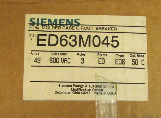 SIEMENS ITE ED63M045 3 Pole 45 Amp ED Type ED6 Breaker