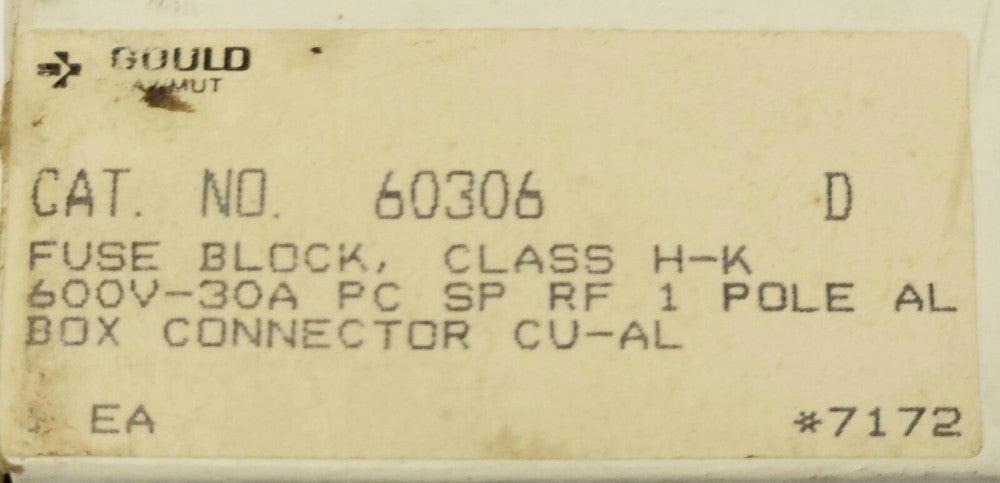GOULD 60306 Fuse Block 30 AMP 600 VAC Single Pole CU-AL