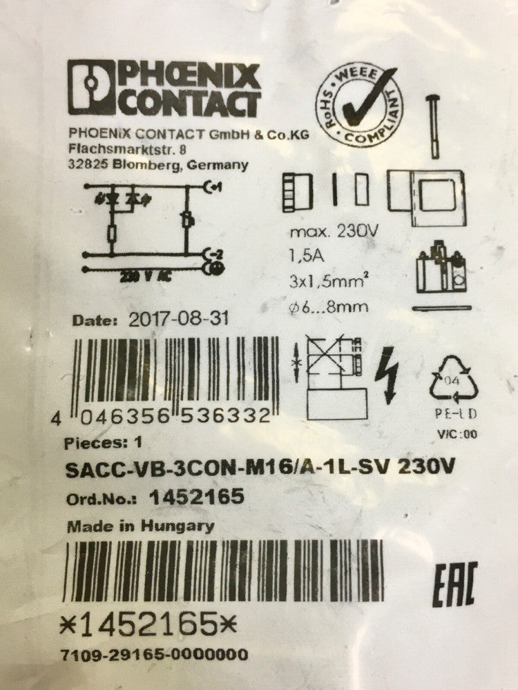 PHOENIX CONTACT SACC VB 3CON M16 A 1L SV 230V Valve Base Connector