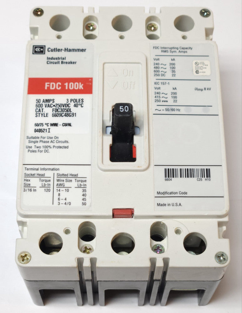 EATON CUTLER HAMMER FDC3050L 3 Pole 50 AMP Type FDC FDC3050 Line and Load Lugs