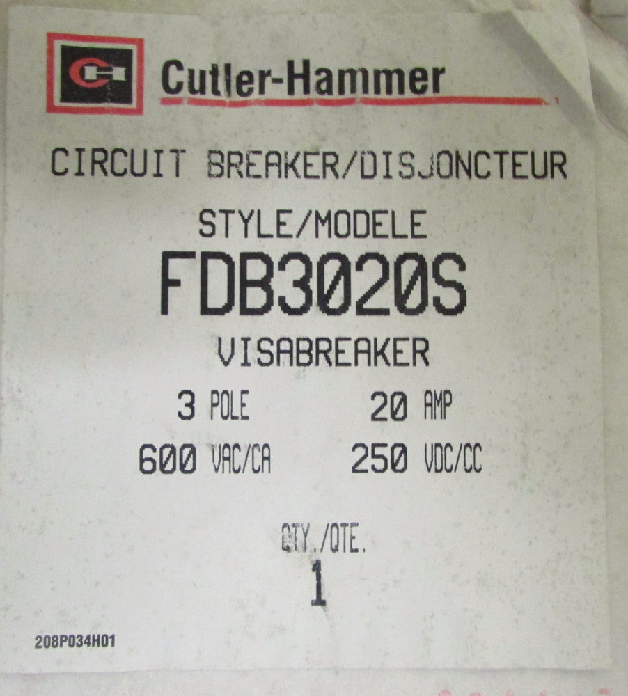 CUTLER HAMMER FDB3020S 3 Pole 20 Amp FDB Visabreaker French Canadian Label 
