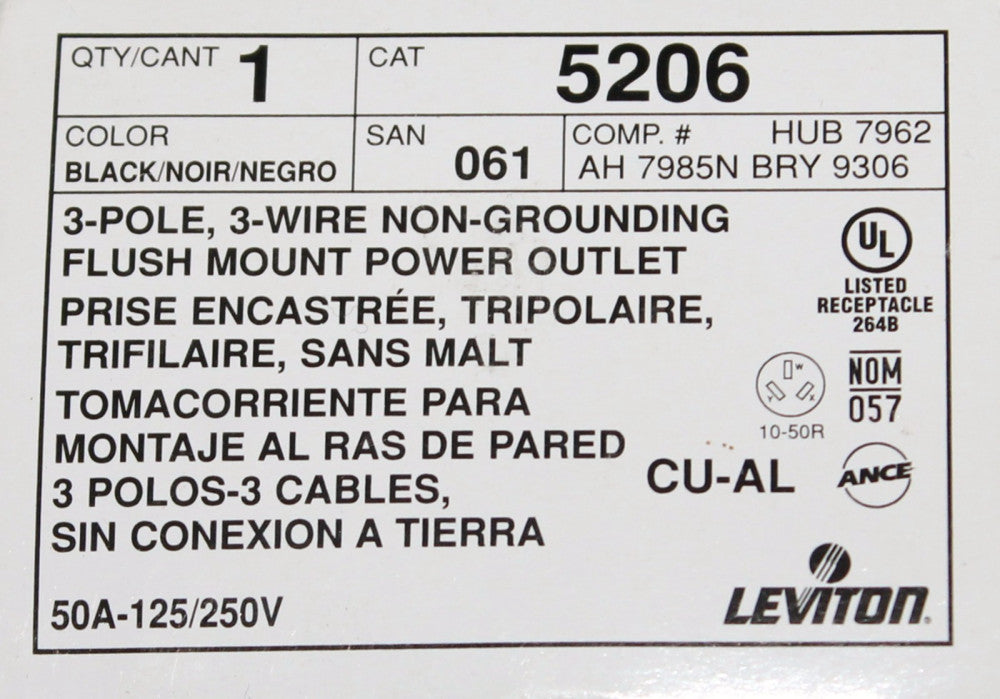 LEVITON 5206 Black 3 Pole 3 Wire 50 Amp 125-250V Power Outlet