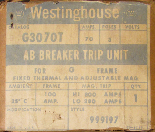WESTINGHOUSE G3070T 3 Pole 70 Amp Type G Trip Unit Style 999197