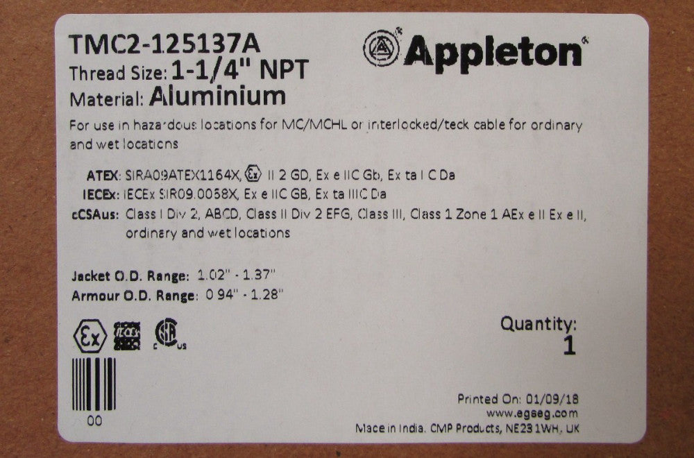 APPLETON TMC2 125137A 1-1/4" NPT CMP Type TMC2 Cable Gland