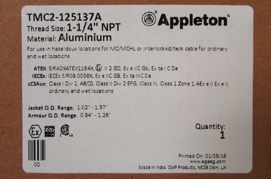 APPLETON TMC2 125137A 1-1/4" NPT CMP Type TMC2 Cable Gland