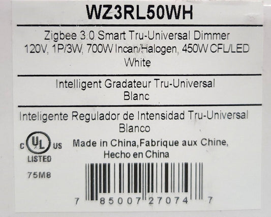 PASS SEYMOUR LEGRAND WZ3RL50WH Zigbee 3.0 WZ3RL50 Smart TRU UNIVERSAL DIMMER 120