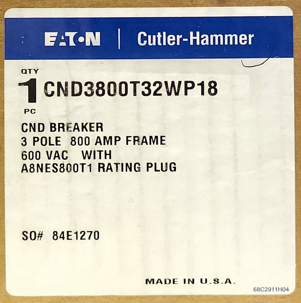 EATON CUTLER HAMMER CND3800T32W P18 3 Pole 800 AMP Type CND LSI Circuit Breaker