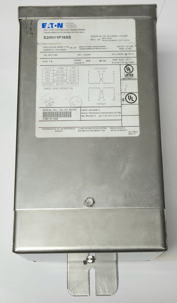 EATON CUTLER HAMMER S20N11P16SS 1.5 KVA Dry Type Power Distribution Transformer