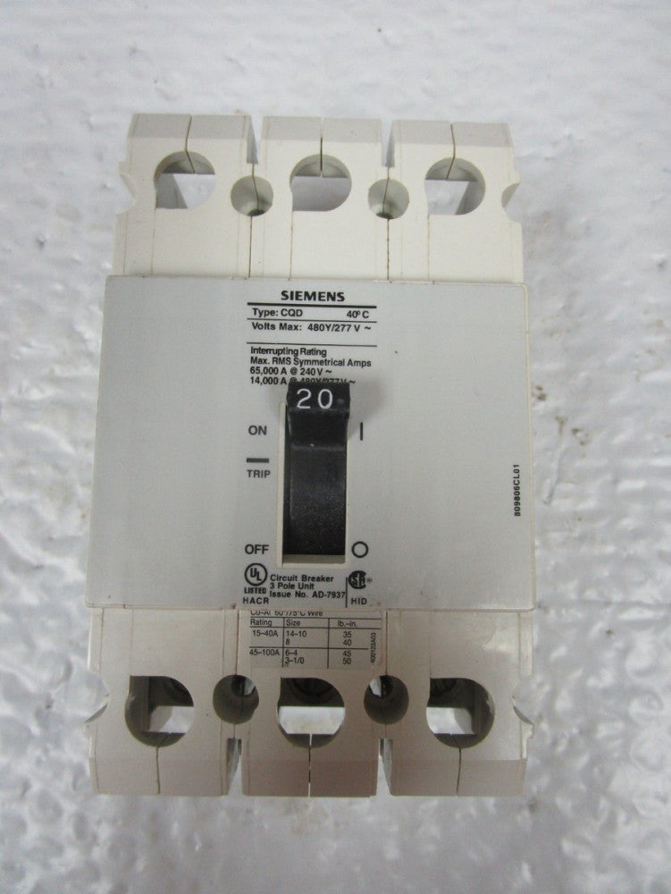 Siemens CQD320 Circuit Breaker 20A AMP 480Y/277Vac 3 POLE