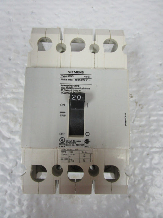 Siemens CQD320 Circuit Breaker 20A AMP 480Y/277Vac 3 POLE