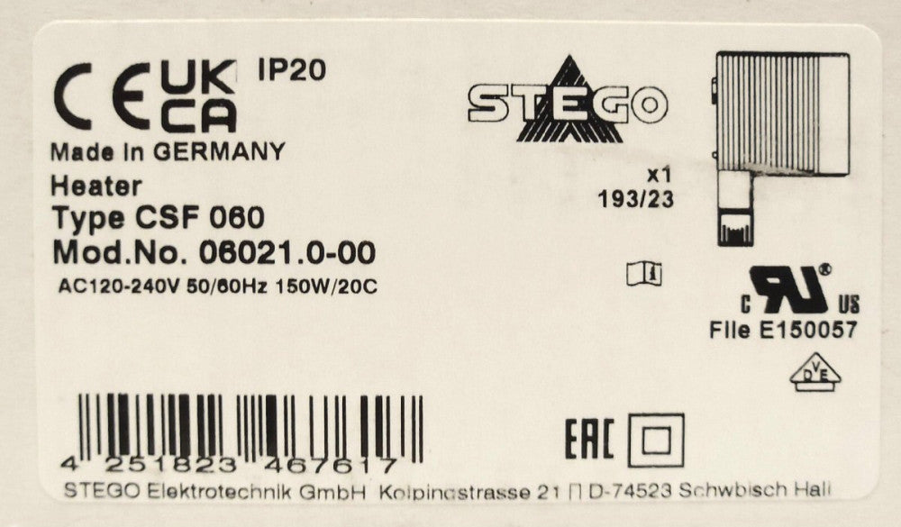 STEGO Type CSF 060 Enclosure Heater 06021.0-00 120-240 VAC 50/60 Hz 150 Watt 20C