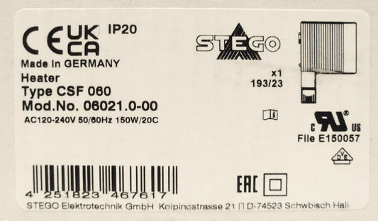 STEGO Type CSF 060 Enclosure Heater 06021.0-00 120-240 VAC 50/60 Hz 150 Watt 20C