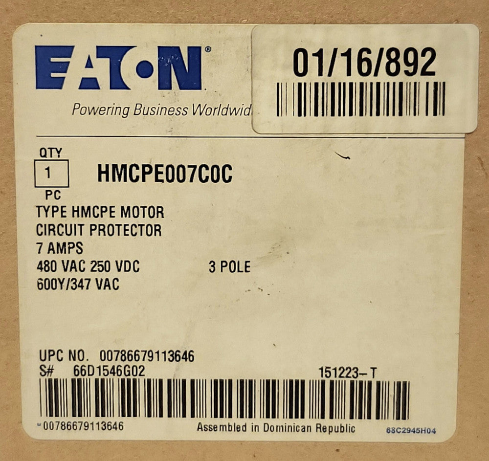 EATON CUTLER HAMMER HMCPE007C0C 7 AMP Type HMCPE Motor Circuit Protector