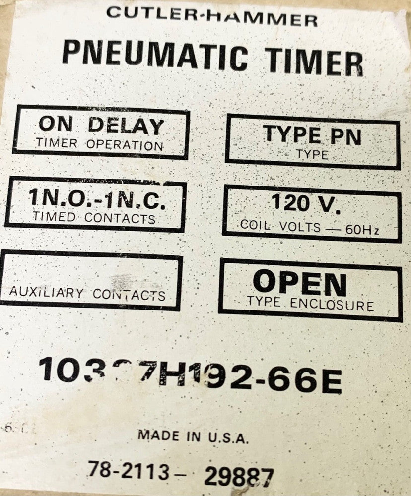 EATON CUTLER HAMMER 10337H192-66E PNEUMPTIC TIMER 10337W192B 120 VAC 