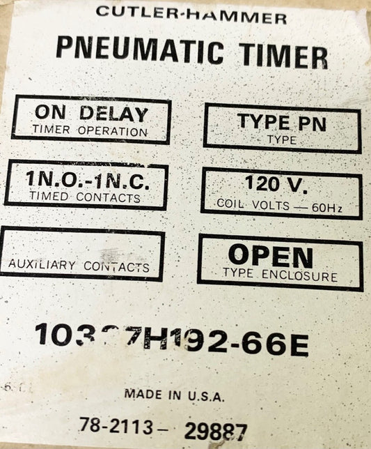 EATON CUTLER HAMMER 10337H192-66E PNEUMPTIC TIMER 10337W192B 120 VAC 