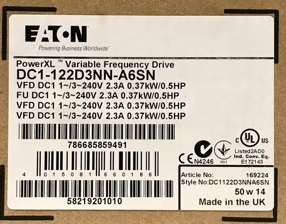 EATON CUTLER HAMMER DC1 122D3NN A6SN .5 HP 240 VAC Power XL Variable Frequency