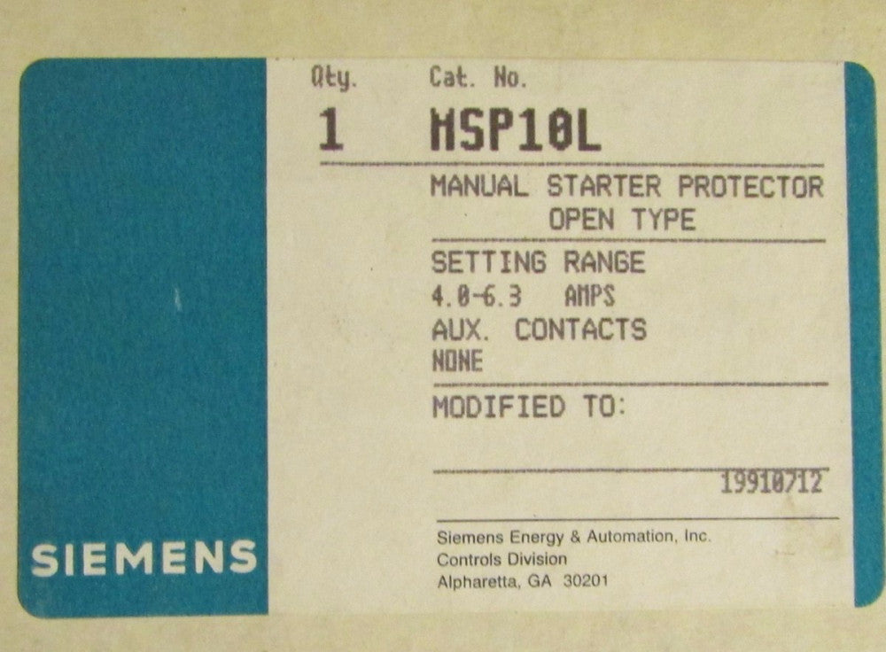 SIEMENS MSP10L 4-6.3 Amp MSP1 Manual Motor Starter Protector
